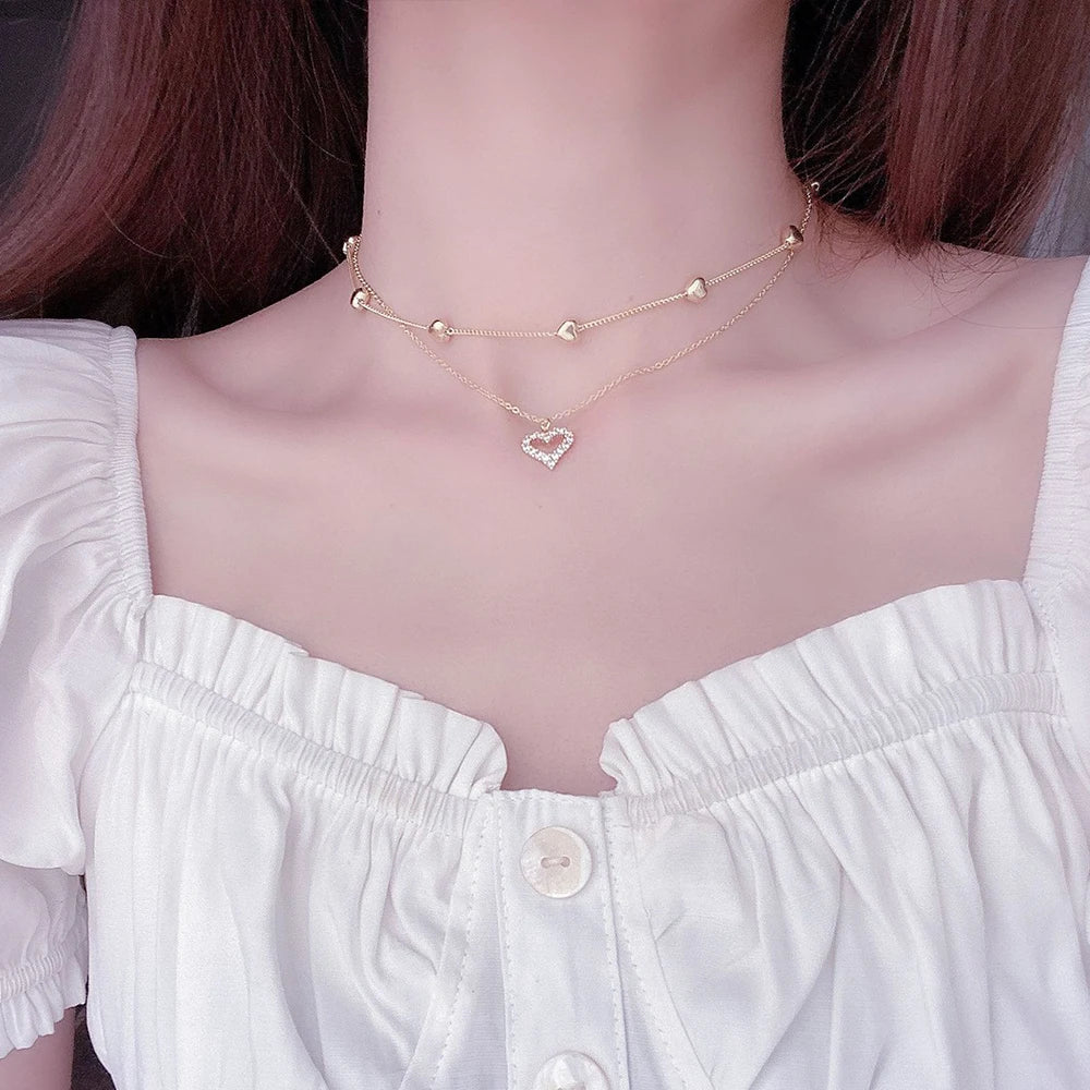 14k Plated Gold Double Layer Heart Necklace Shining Bling AAA Zircon Women