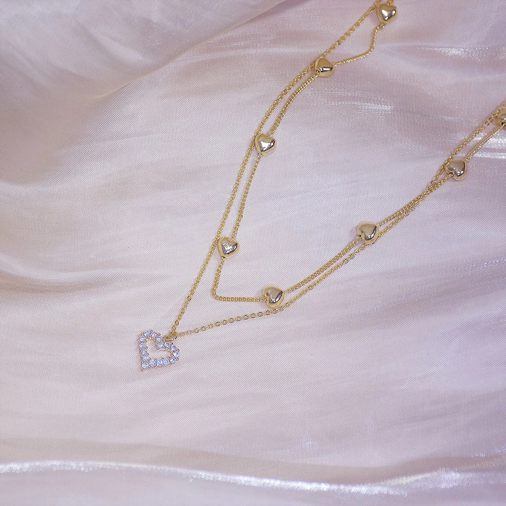 14k Plated Gold Double Layer Heart Necklace Shining Bling AAA Zircon Women