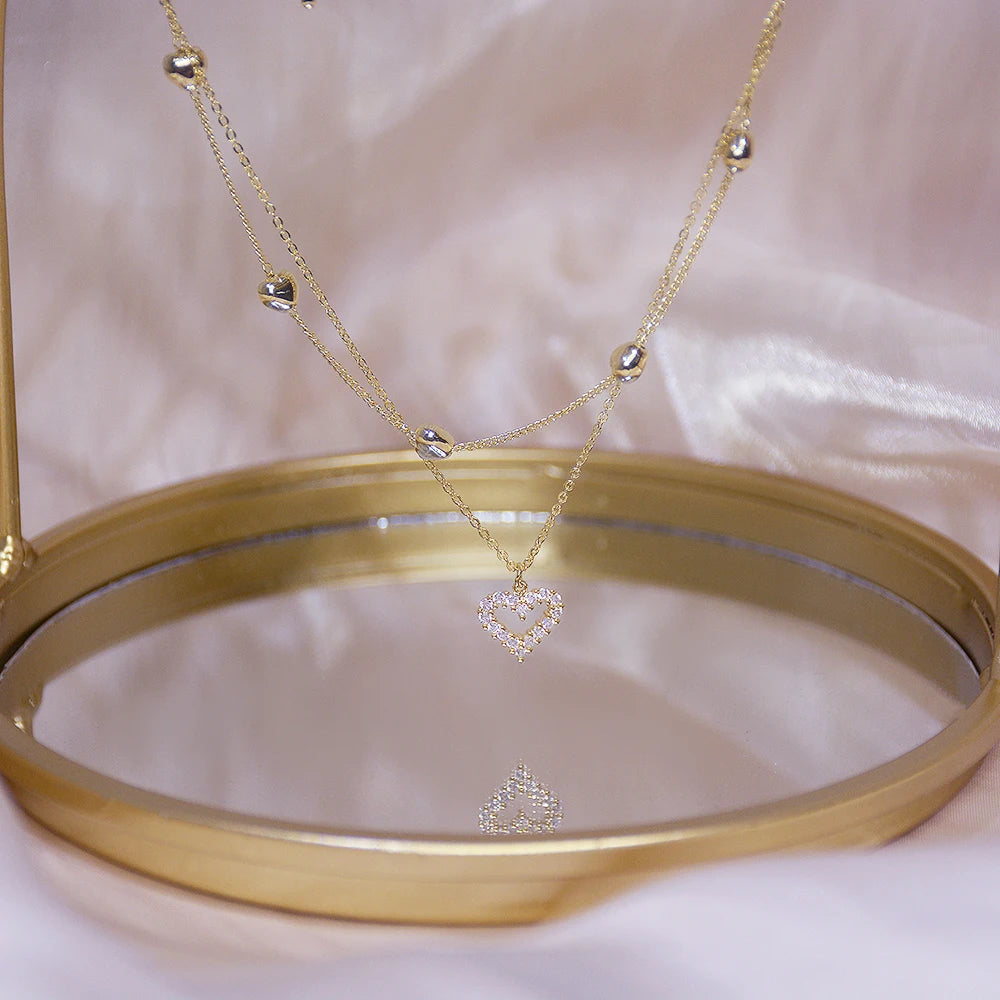 14k Plated Gold Double Layer Heart Necklace Shining Bling AAA Zircon Women