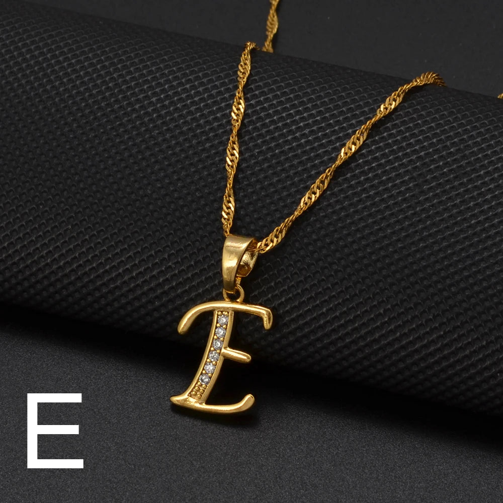 Anniyo A-Z Letters Necklaces Gold Color Alphabet Initial Pendant Chain Women Girl Cubic Zirconia English Letter Jewelry #040602