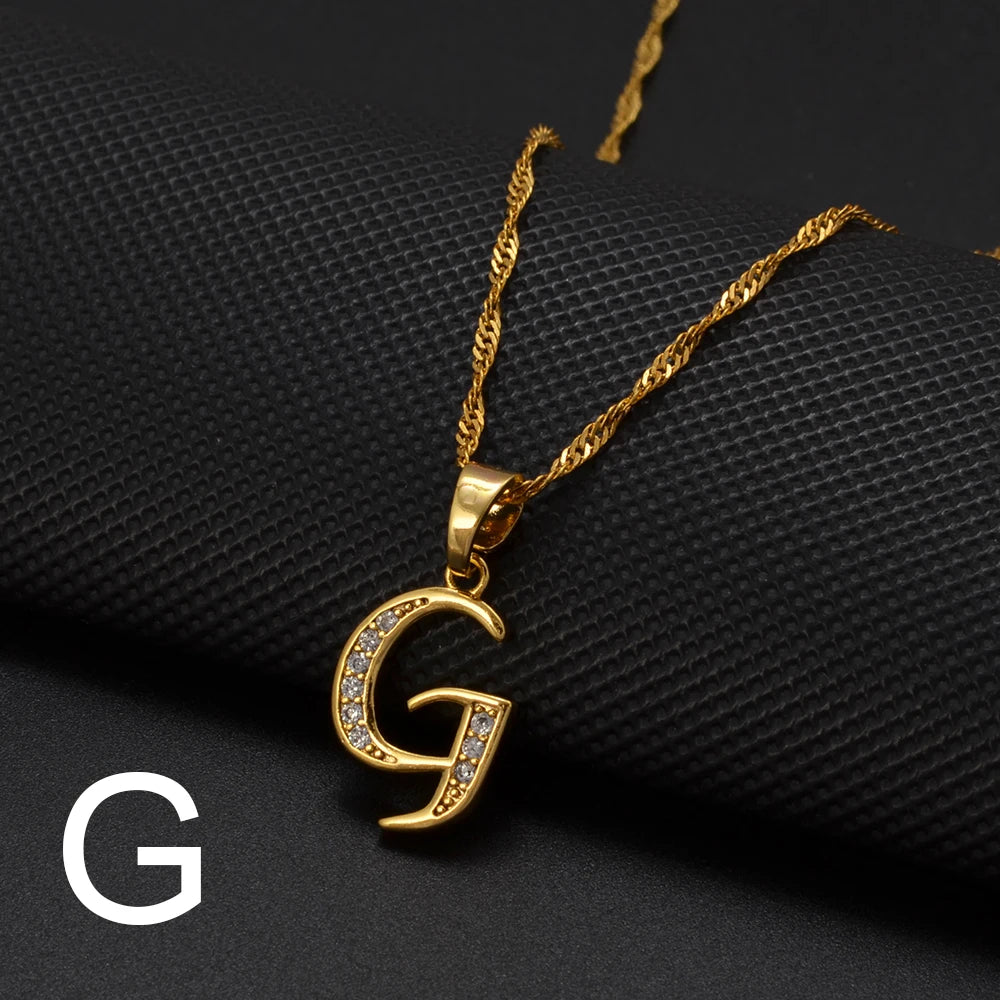 Anniyo A-Z Letters Necklaces Gold Color Alphabet Initial Pendant Chain Women Girl Cubic Zirconia English Letter Jewelry #040602