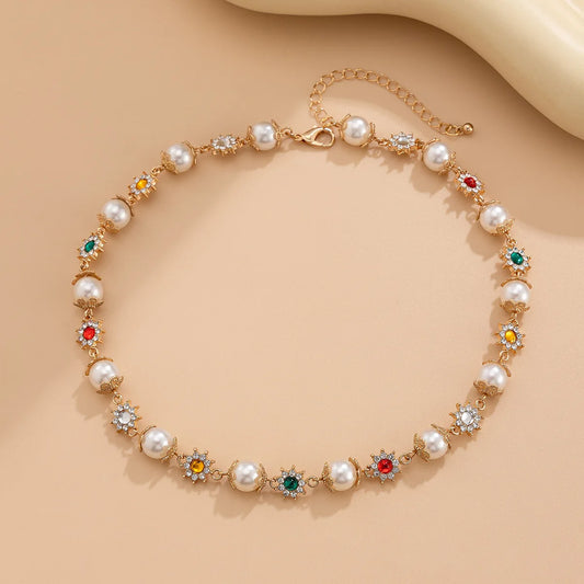 IFYOUOO Luxury Shinny Colorful Rhinestone Short Necklace Women Imitation Pearl Choker Jewelry Collar Wed Bridal Goth