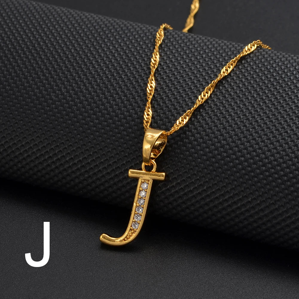 Anniyo A-Z Letters Necklaces Gold Color Alphabet Initial Pendant Chain Women Girl Cubic Zirconia English Letter Jewelry #040602