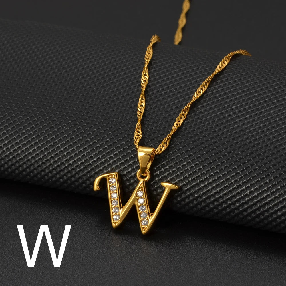 Anniyo A-Z Letters Necklaces Gold Color Alphabet Initial Pendant Chain Women Girl Cubic Zirconia English Letter Jewelry #040602