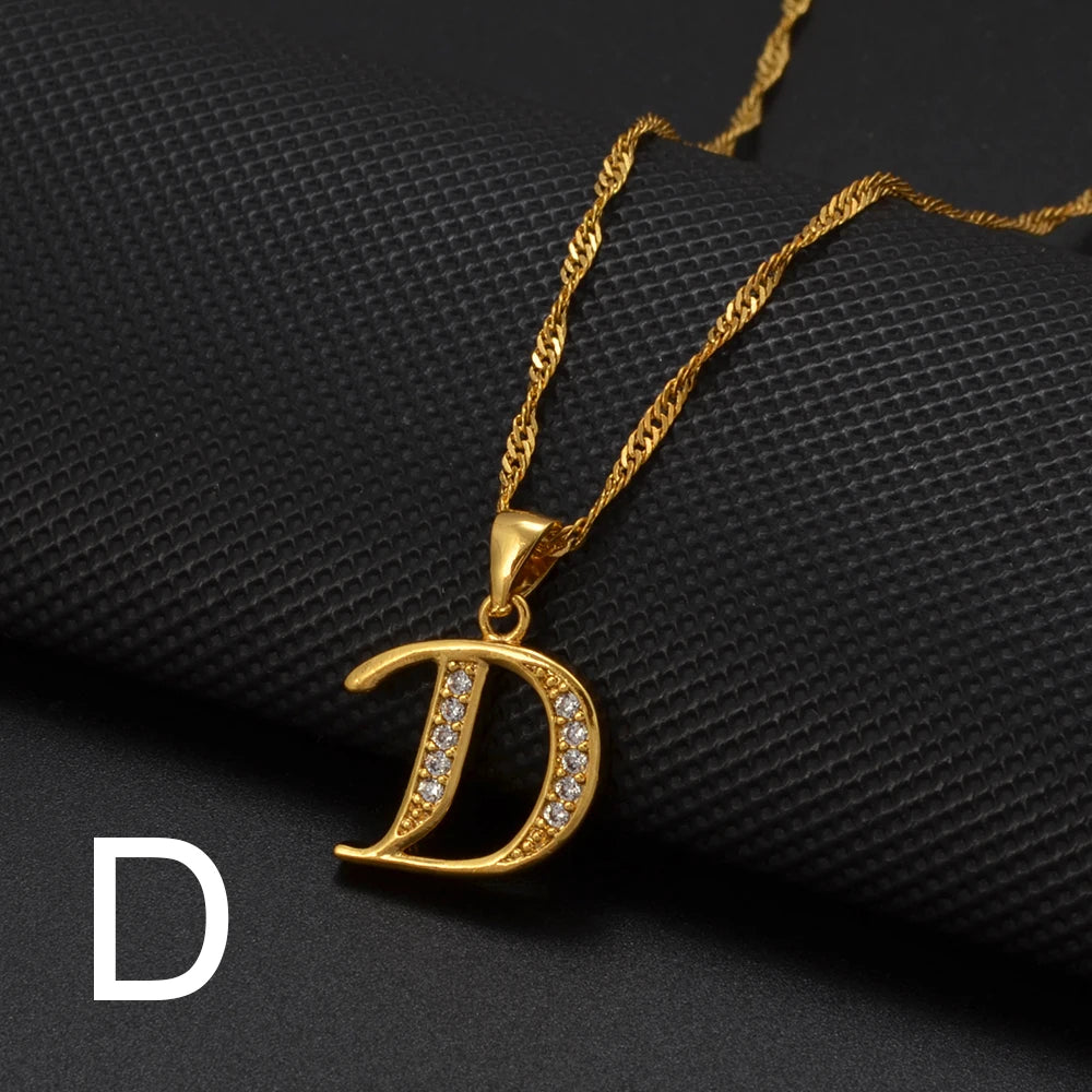 Anniyo A-Z Letters Necklaces Gold Color Alphabet Initial Pendant Chain Women Girl Cubic Zirconia English Letter Jewelry #040602