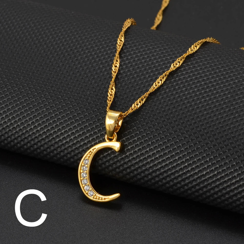 Anniyo A-Z Letters Necklaces Gold Color Alphabet Initial Pendant Chain Women Girl Cubic Zirconia English Letter Jewelry #040602