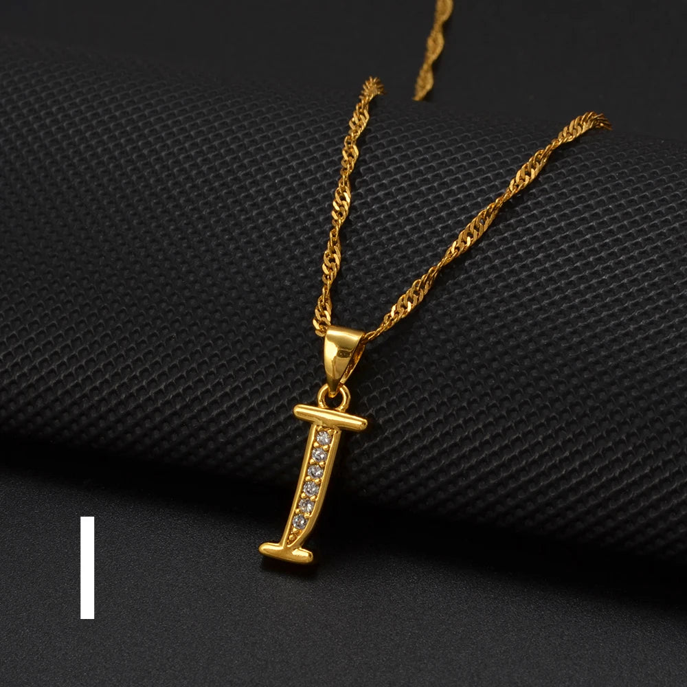 Anniyo A-Z Letters Necklaces Gold Color Alphabet Initial Pendant Chain Women Girl Cubic Zirconia English Letter Jewelry #040602