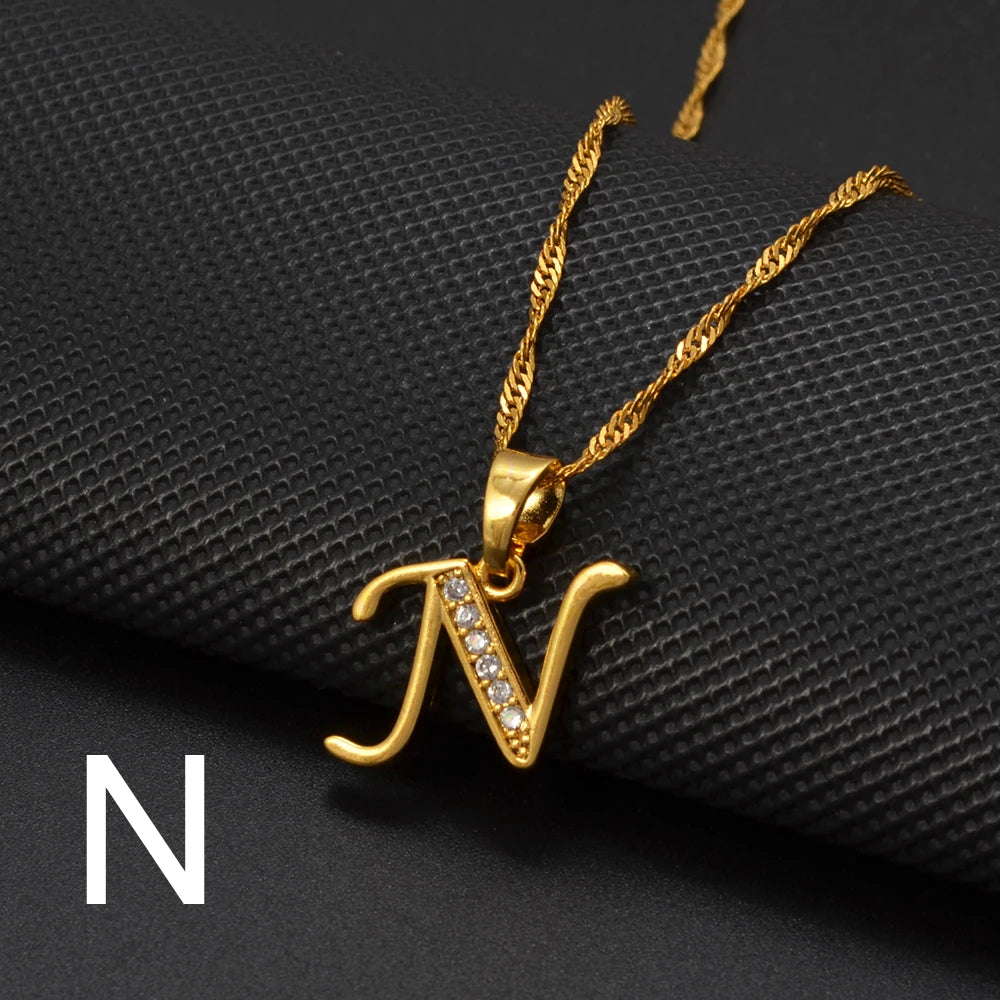 Anniyo A-Z Letters Necklaces Gold Color Alphabet Initial Pendant Chain Women Girl Cubic Zirconia English Letter Jewelry #040602