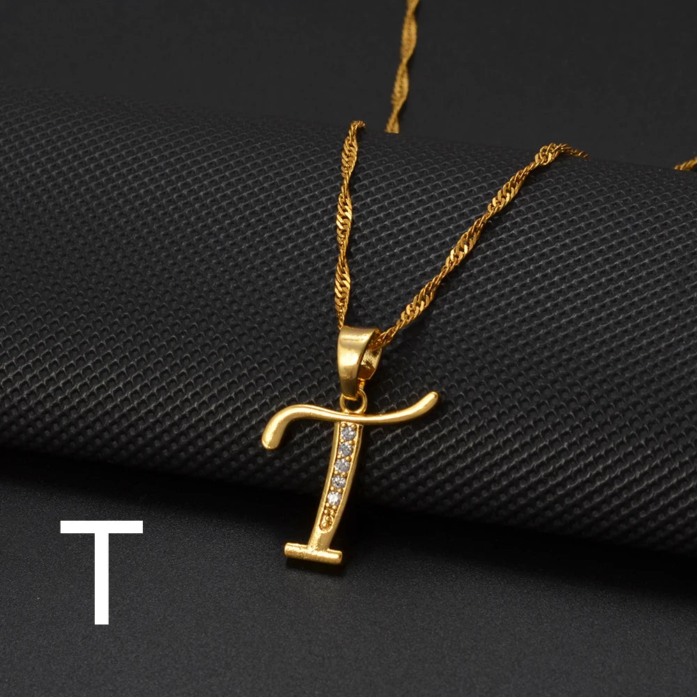 Anniyo A-Z Letters Necklaces Gold Color Alphabet Initial Pendant Chain Women Girl Cubic Zirconia English Letter Jewelry #040602