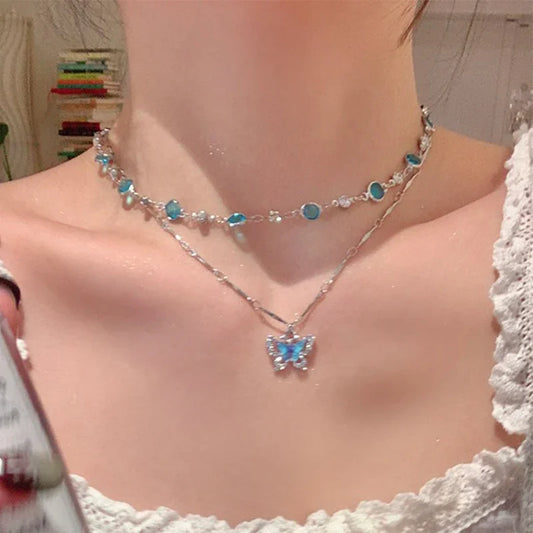 Blue Crystal Butterfly Necklace for Women Girls Simple Shiny Zircon Bilayer Choker Clavicle Chain New Fine Jewelry