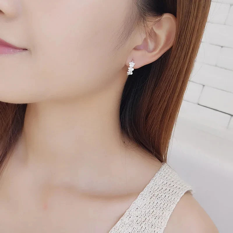925 Sterling Silver Needle Earrings for Women's Wedding Fashion High Quality Jewelry Crystal Zircon Flower Cute