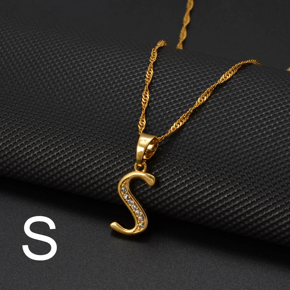 Anniyo A-Z Letters Necklaces Gold Color Alphabet Initial Pendant Chain Women Girl Cubic Zirconia English Letter Jewelry #040602