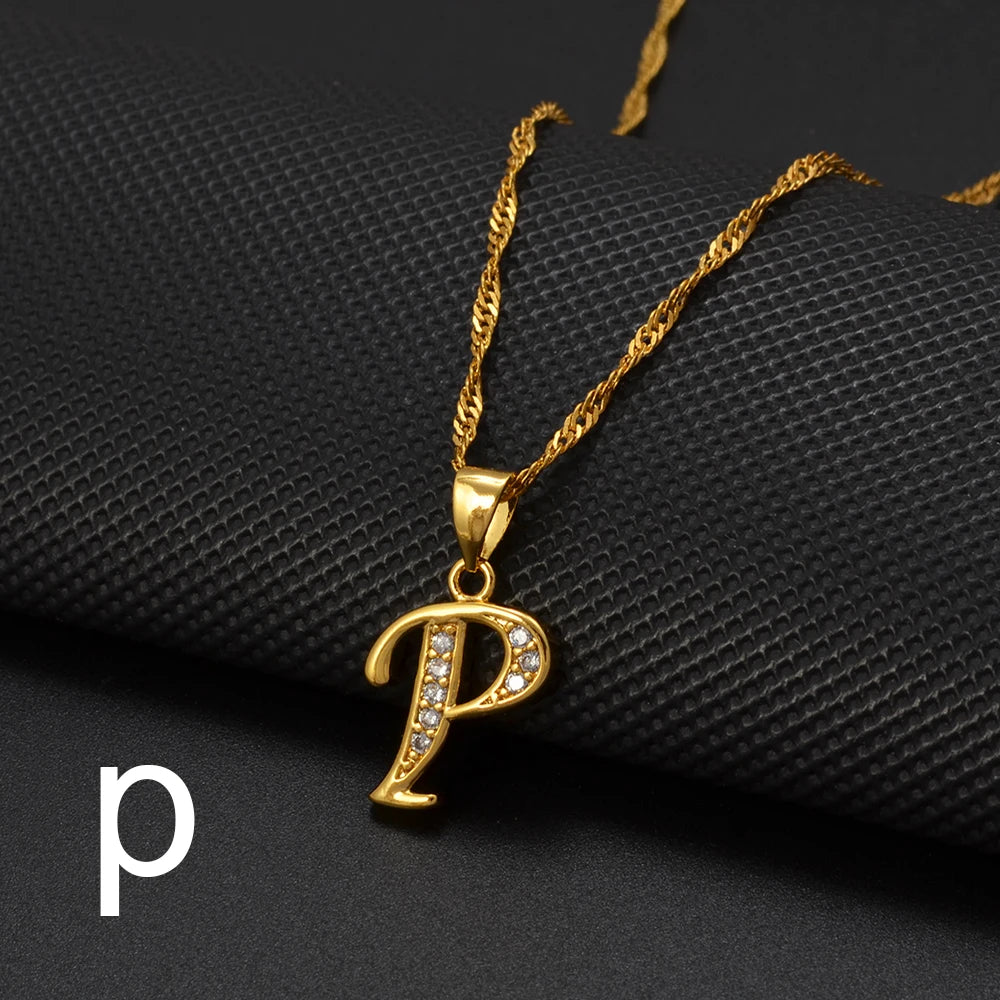 Anniyo A-Z Letters Necklaces Gold Color Alphabet Initial Pendant Chain Women Girl Cubic Zirconia English Letter Jewelry #040602