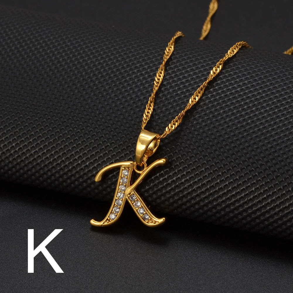 Anniyo A-Z Letters Necklaces Gold Color Alphabet Initial Pendant Chain Women Girl Cubic Zirconia English Letter Jewelry #040602
