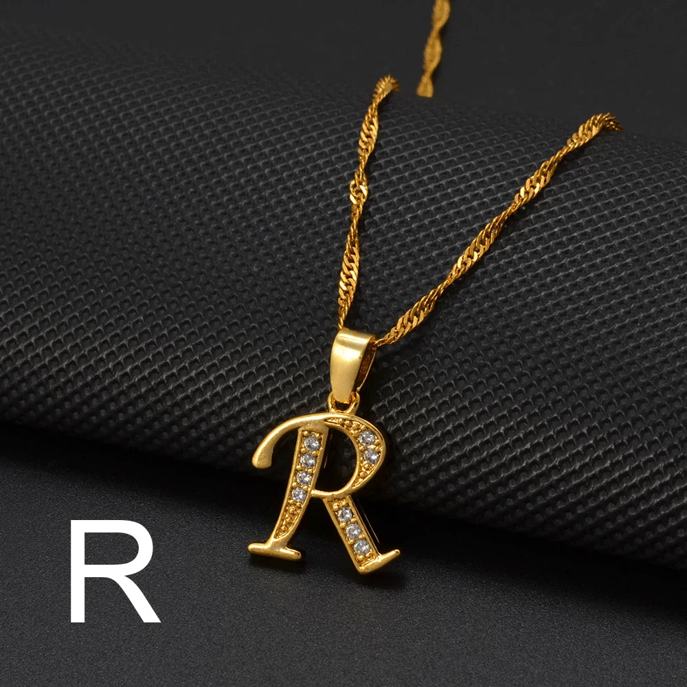 Anniyo A-Z Letters Necklaces Gold Color Alphabet Initial Pendant Chain Women Girl Cubic Zirconia English Letter Jewelry #040602