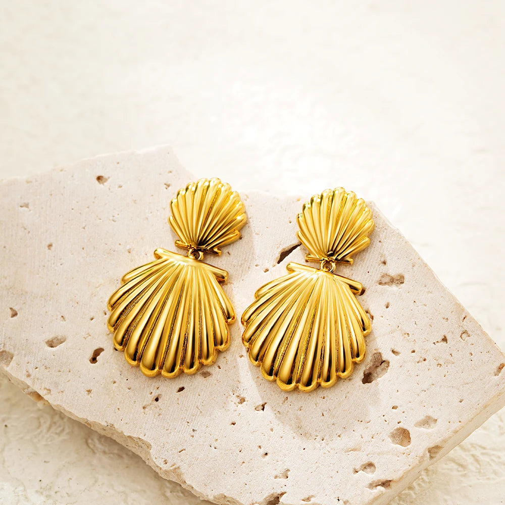 Vintage Stainless Steel Gold Plated Texture Snail Conch Shell Earrings for Women CZ Zircon Starfish Earring Beach Jewelry Gifts