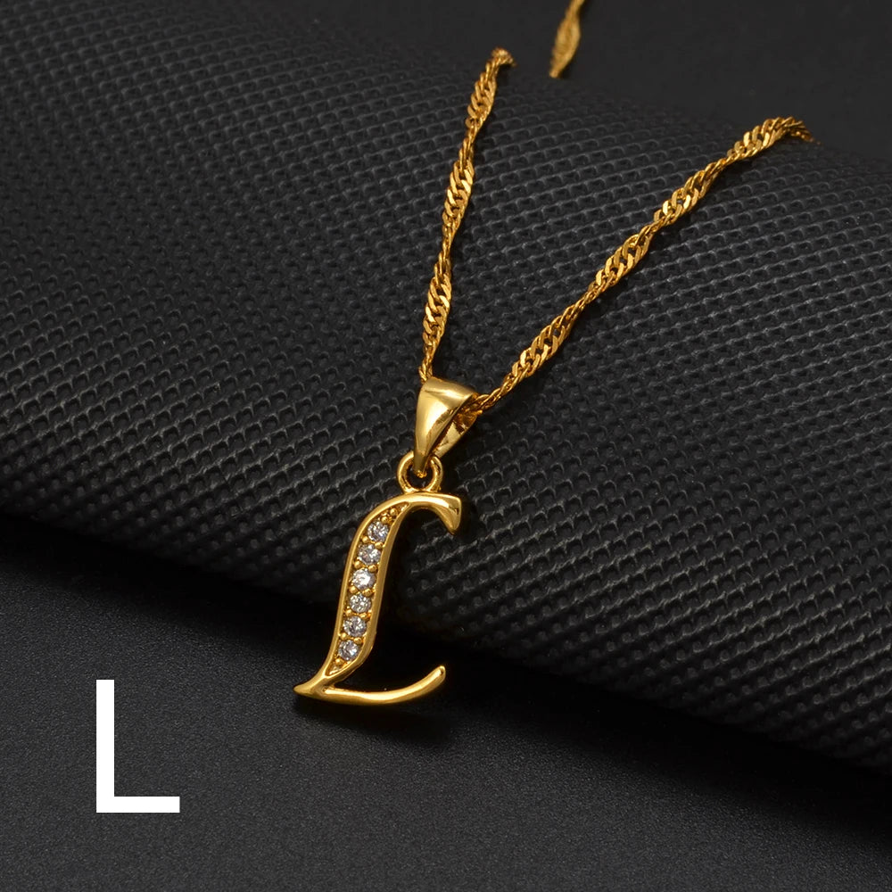Anniyo A-Z Letters Necklaces Gold Color Alphabet Initial Pendant Chain Women Girl Cubic Zirconia English Letter Jewelry #040602