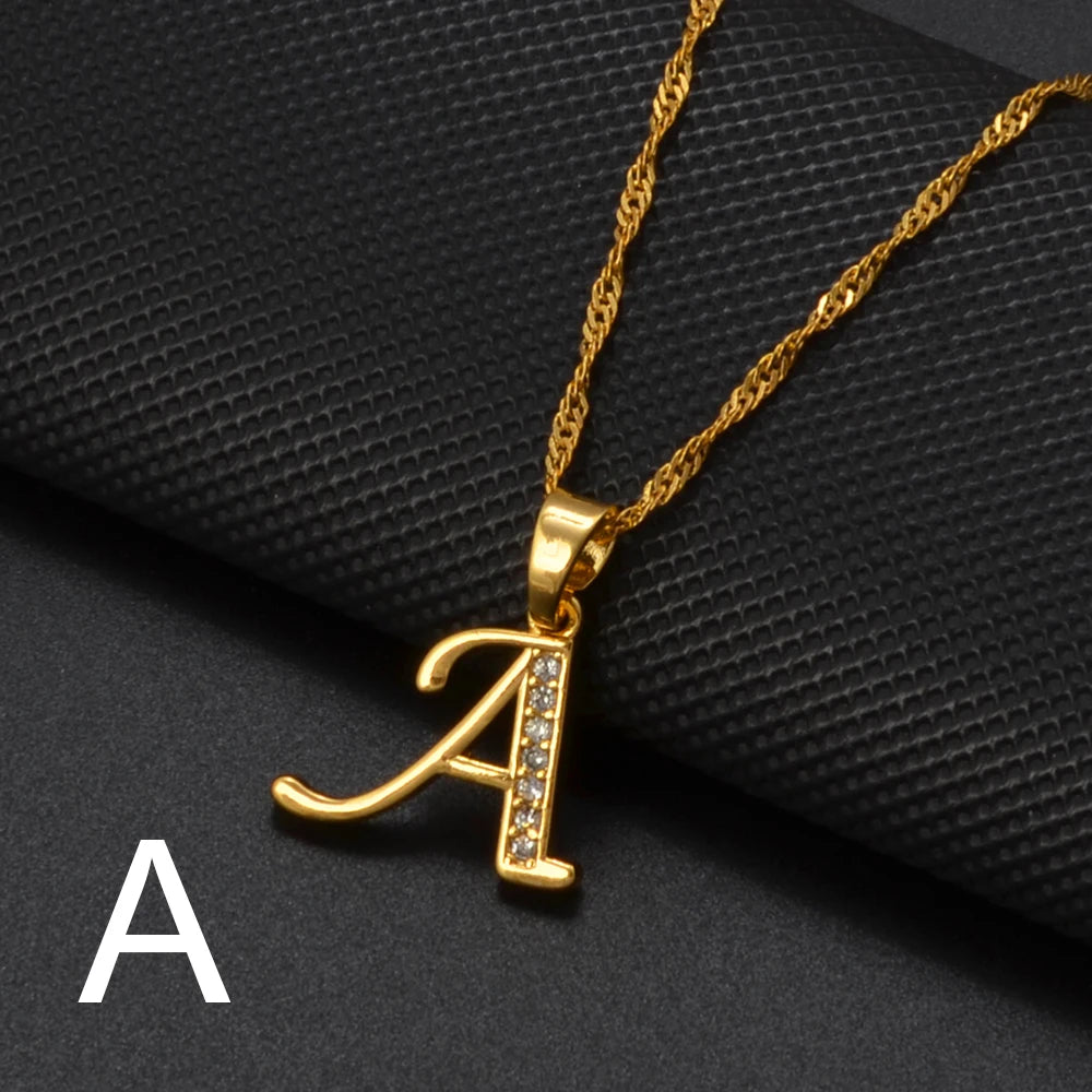 Anniyo A-Z Letters Necklaces Gold Color Alphabet Initial Pendant Chain Women Girl Cubic Zirconia English Letter Jewelry #040602