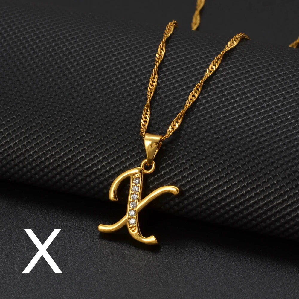 Anniyo A-Z Letters Necklaces Gold Color Alphabet Initial Pendant Chain Women Girl Cubic Zirconia English Letter Jewelry #040602