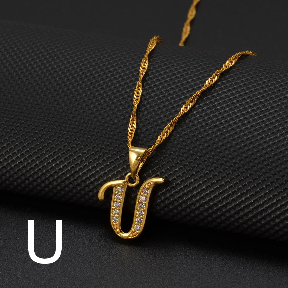 Anniyo A-Z Letters Necklaces Gold Color Alphabet Initial Pendant Chain Women Girl Cubic Zirconia English Letter Jewelry #040602