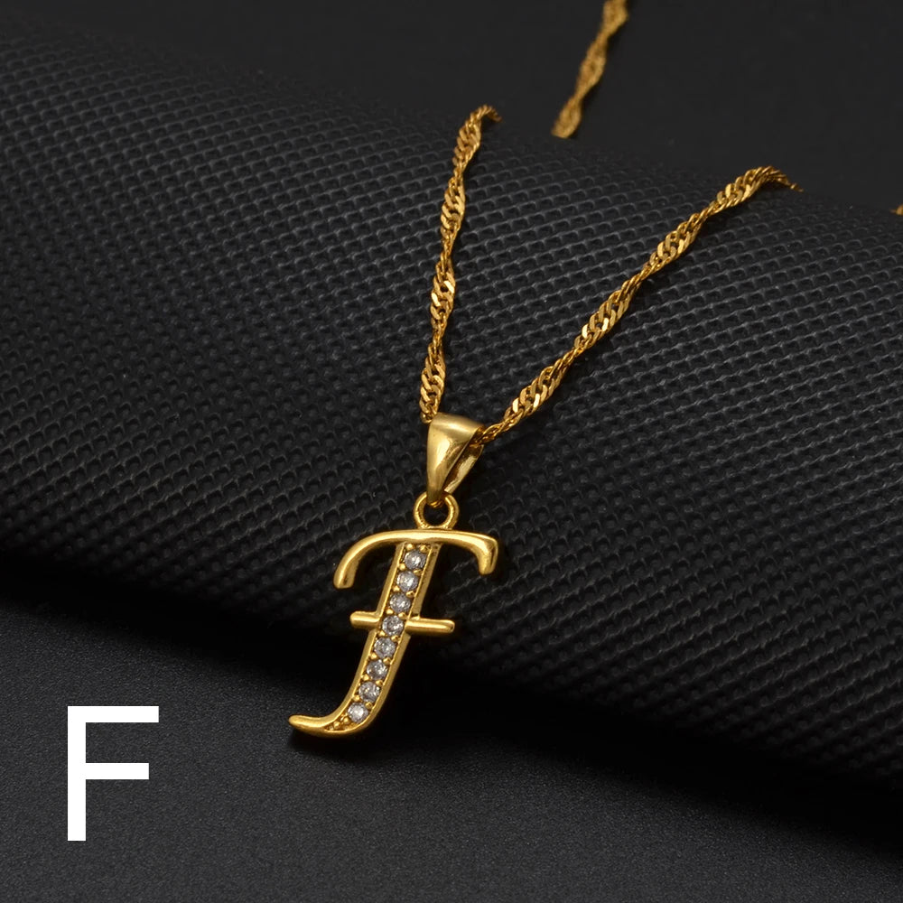 Anniyo A-Z Letters Necklaces Gold Color Alphabet Initial Pendant Chain Women Girl Cubic Zirconia English Letter Jewelry #040602