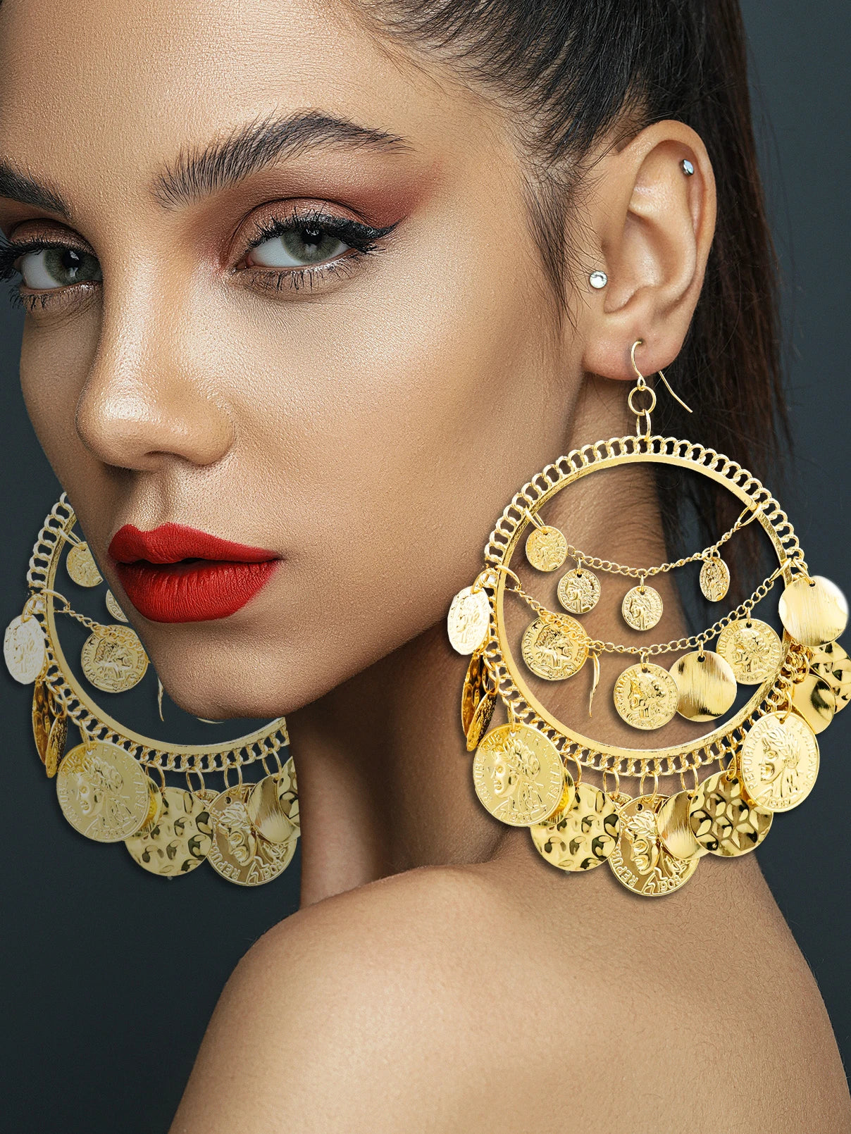 Vintage Tribal Coins Big Hoop Dangle Earrings For Women Geometric Punk Tassel Ear Pendants Jewelry Accessories Friendship Gifts