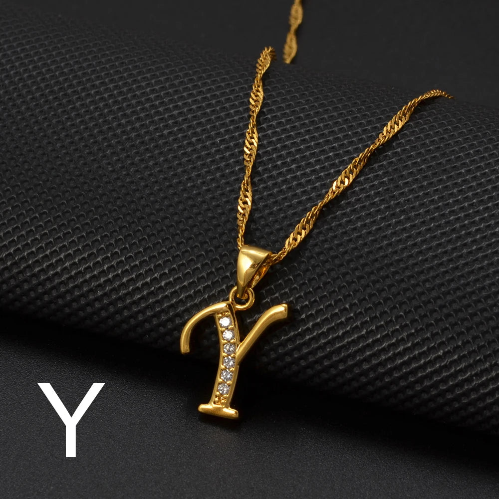 Anniyo A-Z Letters Necklaces Gold Color Alphabet Initial Pendant Chain Women Girl Cubic Zirconia English Letter Jewelry #040602
