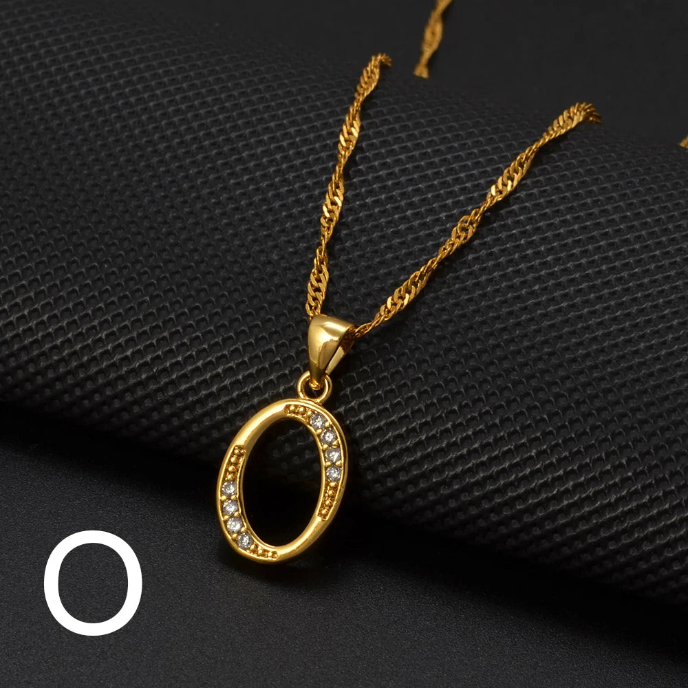 Anniyo A-Z Letters Necklaces Gold Color Alphabet Initial Pendant Chain Women Girl Cubic Zirconia English Letter Jewelry #040602