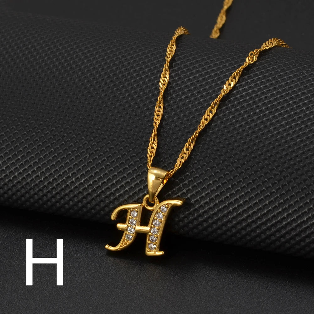 Anniyo A-Z Letters Necklaces Gold Color Alphabet Initial Pendant Chain Women Girl Cubic Zirconia English Letter Jewelry #040602