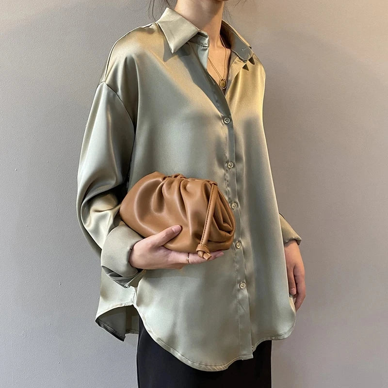 Spring Fashion Button Up Silk Shirt Vintage Blouse Women Satin Tops Office Lady Elegant Long Sleeves Female Loose Shirts