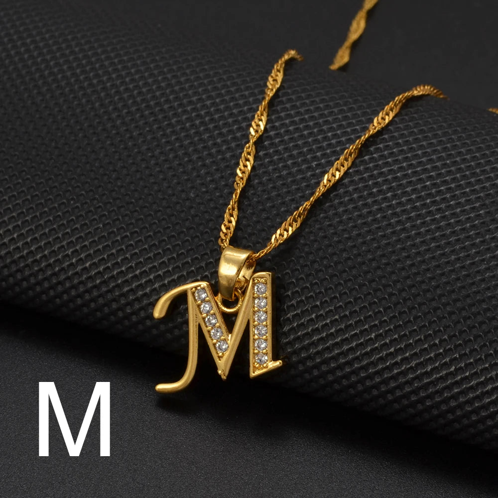 Anniyo A-Z Letters Necklaces Gold Color Alphabet Initial Pendant Chain Women Girl Cubic Zirconia English Letter Jewelry #040602