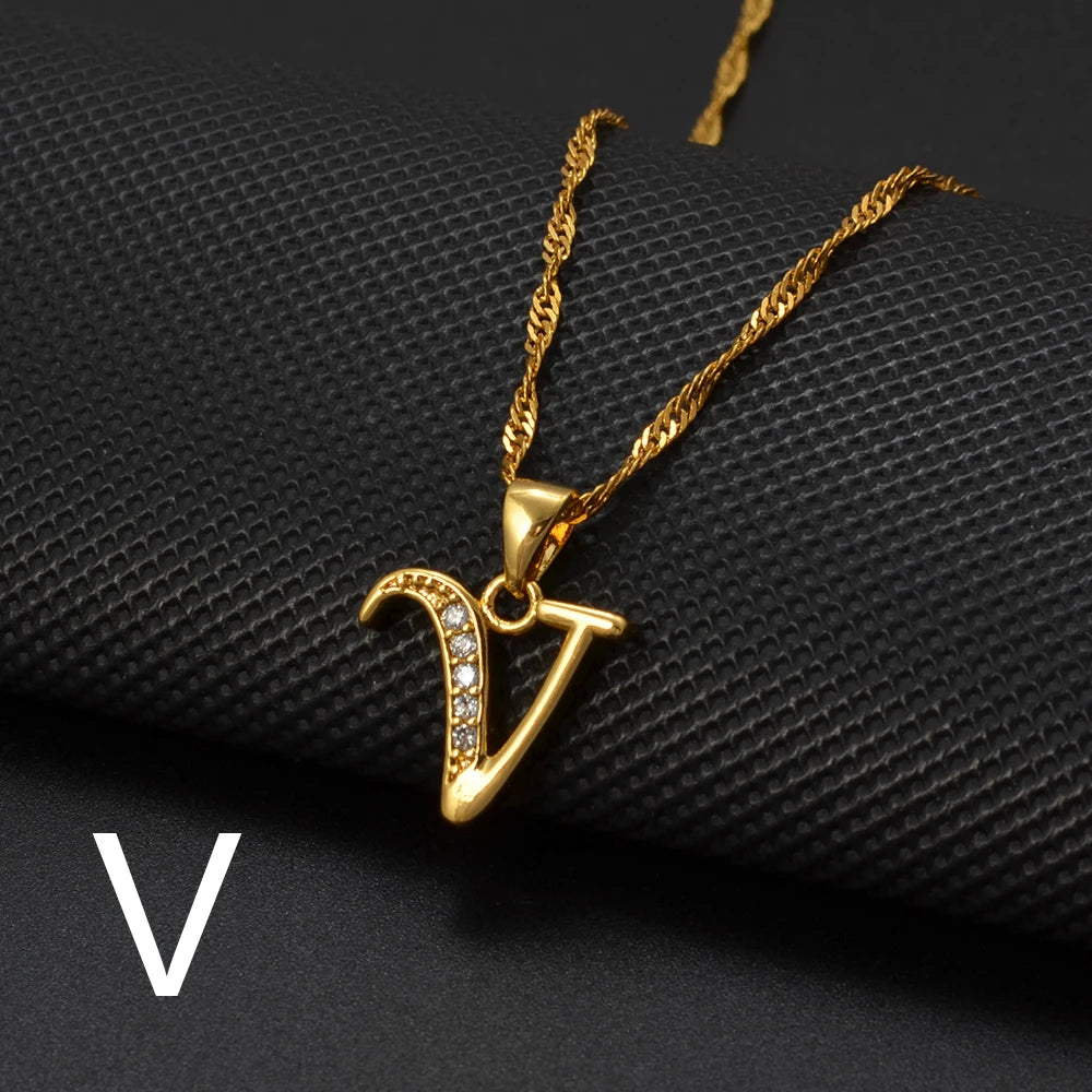 Anniyo A-Z Letters Necklaces Gold Color Alphabet Initial Pendant Chain Women Girl Cubic Zirconia English Letter Jewelry #040602