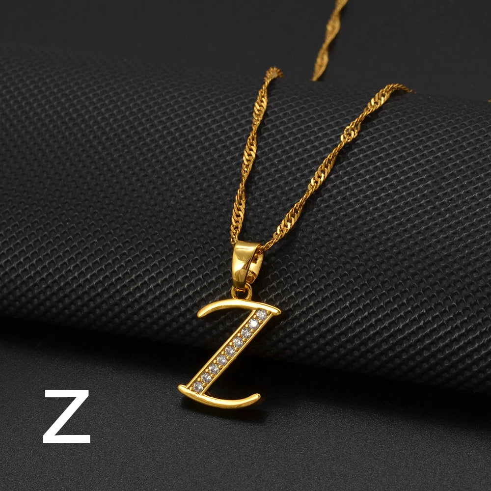Anniyo A-Z Letters Necklaces Gold Color Alphabet Initial Pendant Chain Women Girl Cubic Zirconia English Letter Jewelry #040602