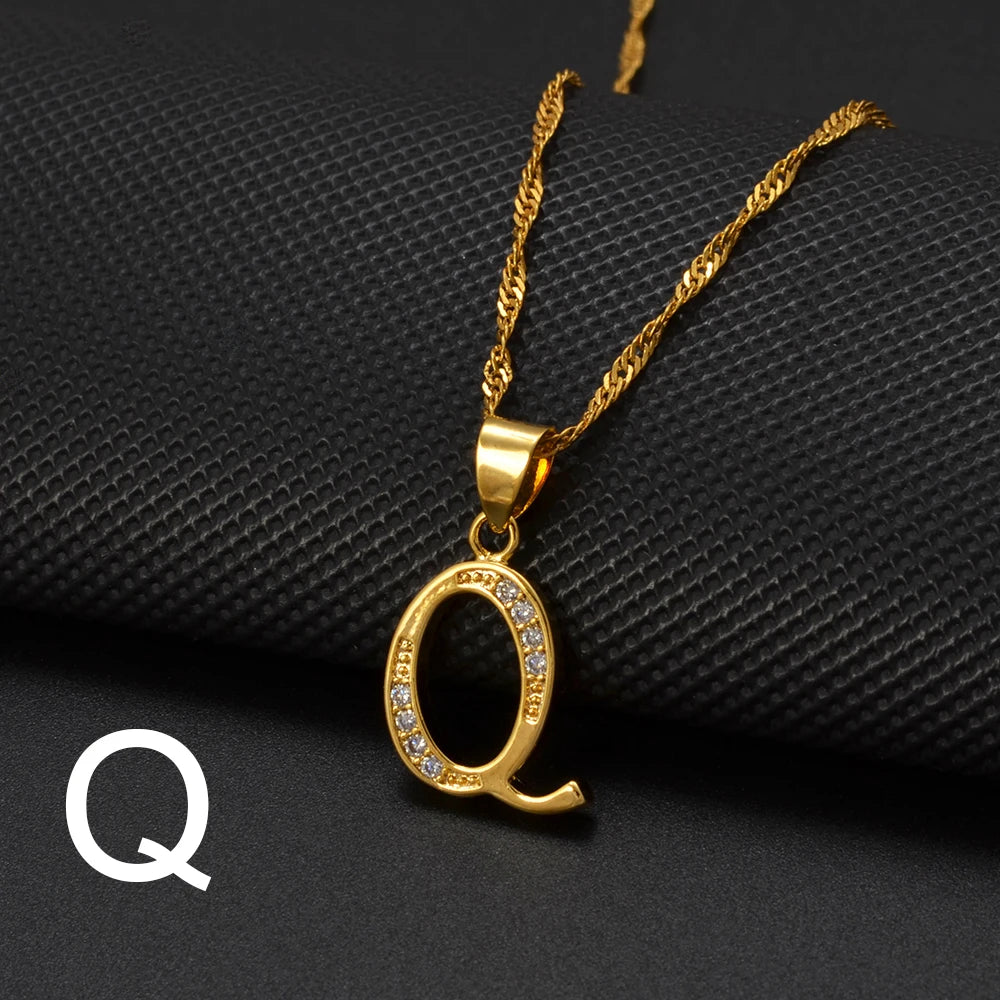 Anniyo A-Z Letters Necklaces Gold Color Alphabet Initial Pendant Chain Women Girl Cubic Zirconia English Letter Jewelry #040602
