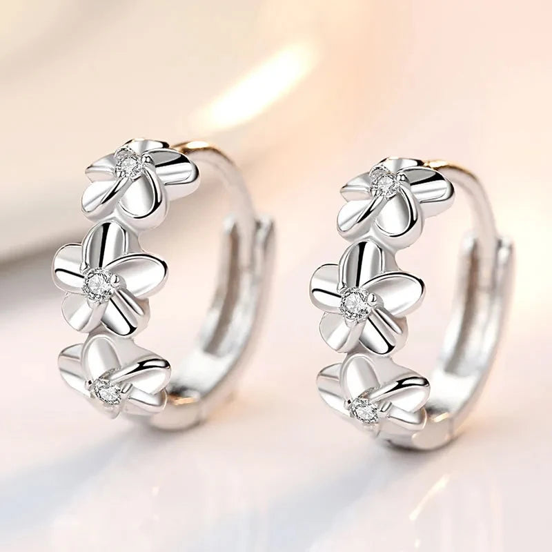 925 Sterling Silver Needle Earrings for Women's Wedding Fashion High Quality Jewelry Crystal Zircon Flower Cute
