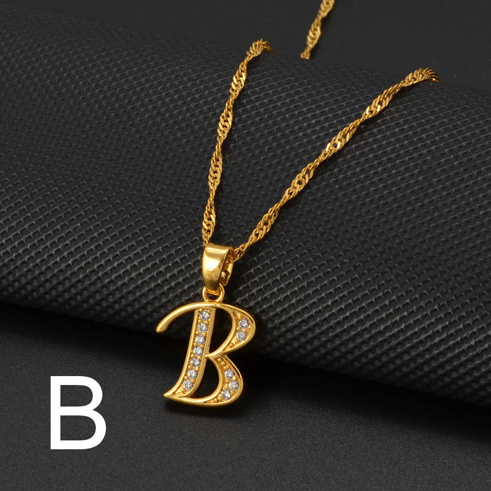 Anniyo A-Z Letters Necklaces Gold Color Alphabet Initial Pendant Chain Women Girl Cubic Zirconia English Letter Jewelry #040602